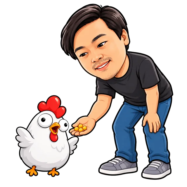 Charlie Lee leaning down to feed the CHIKUN chicken a handful of Litecorn